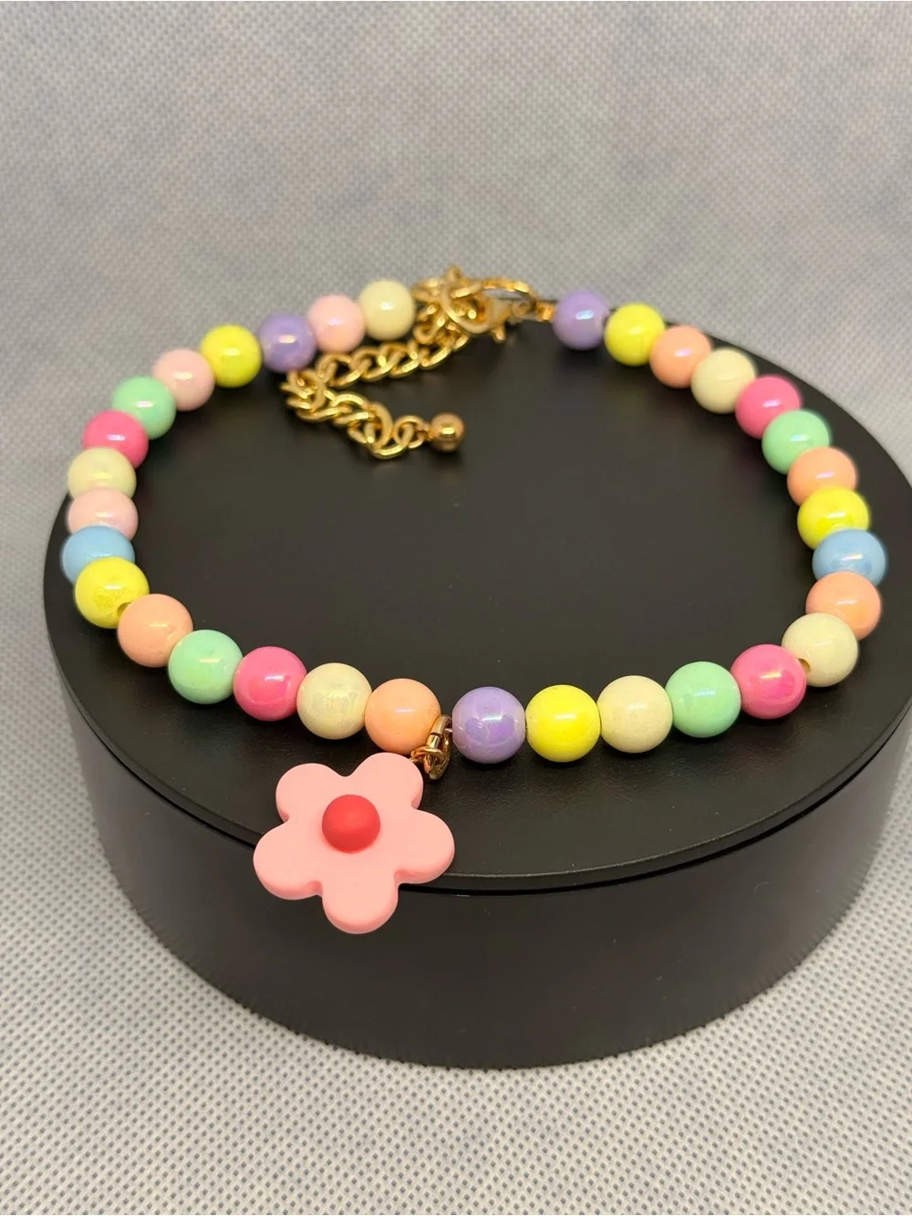 Pastel Beaded Floral Dog Collar with Pink Flower Charm